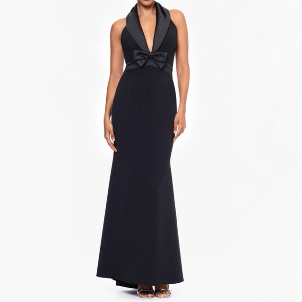 New Betsy & Adam Felicia Halter Satin Bow Dress in Black Size 10